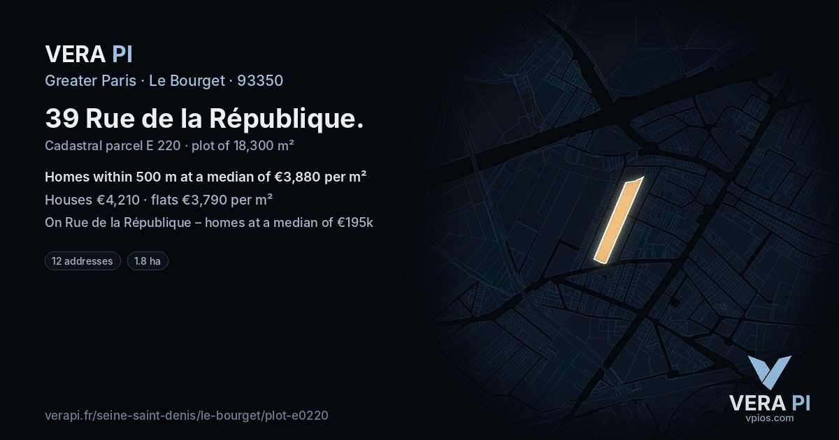 39 Rue de la République, Le Bourget at night – the plot lit, the parcels around coloured by the prices near them