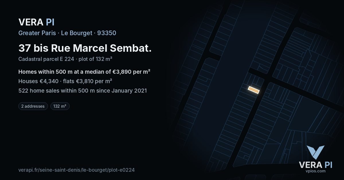 37 bis Rue Marcel Sembat, Le Bourget at night – the plot lit, the parcels around coloured by the prices near them