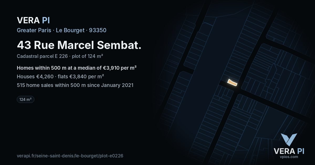 43 Rue Marcel Sembat, Le Bourget at night – the plot lit, the parcels around coloured by the prices near them