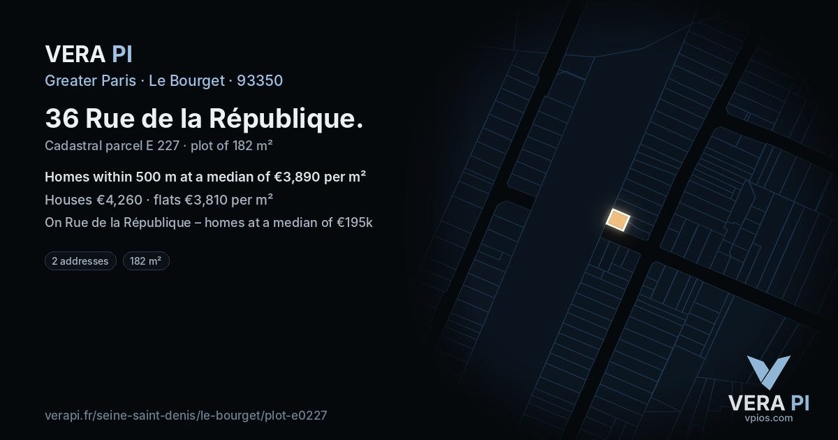 36 Rue de la République, Le Bourget at night – the plot lit, the parcels around coloured by the prices near them