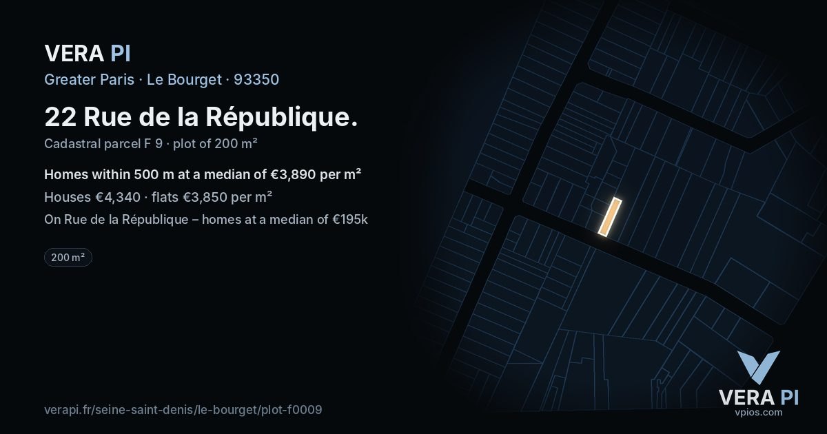 22 Rue de la République, Le Bourget at night – the plot lit, the parcels around coloured by the prices near them