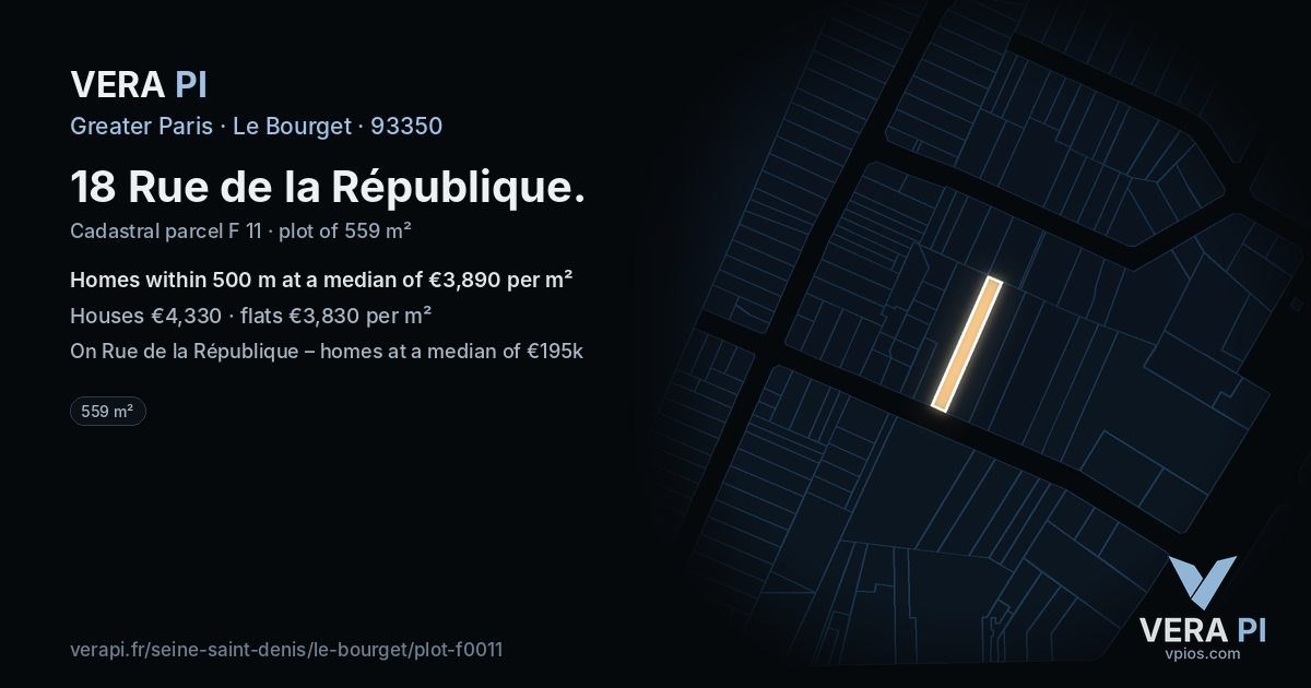 18 Rue de la République, Le Bourget at night – the plot lit, the parcels around coloured by the prices near them