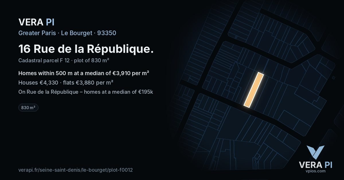 16 Rue de la République, Le Bourget at night – the plot lit, the parcels around coloured by the prices near them