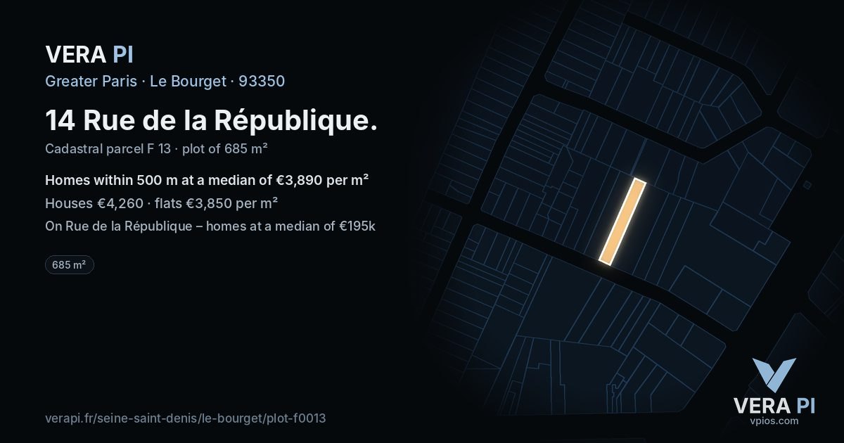 14 Rue de la République, Le Bourget at night – the plot lit, the parcels around coloured by the prices near them