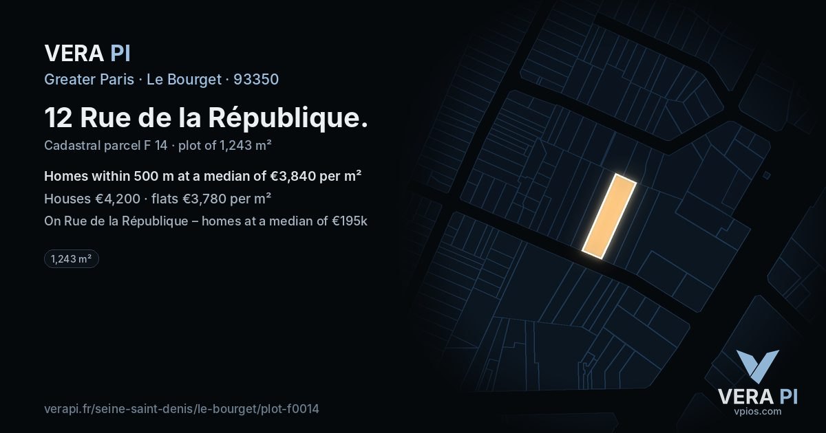 12 Rue de la République, Le Bourget at night – the plot lit, the parcels around coloured by the prices near them