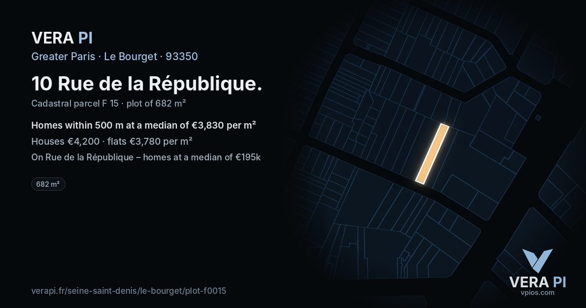 10 Rue de la République, Le Bourget at night – the plot lit, the parcels around coloured by the prices near them