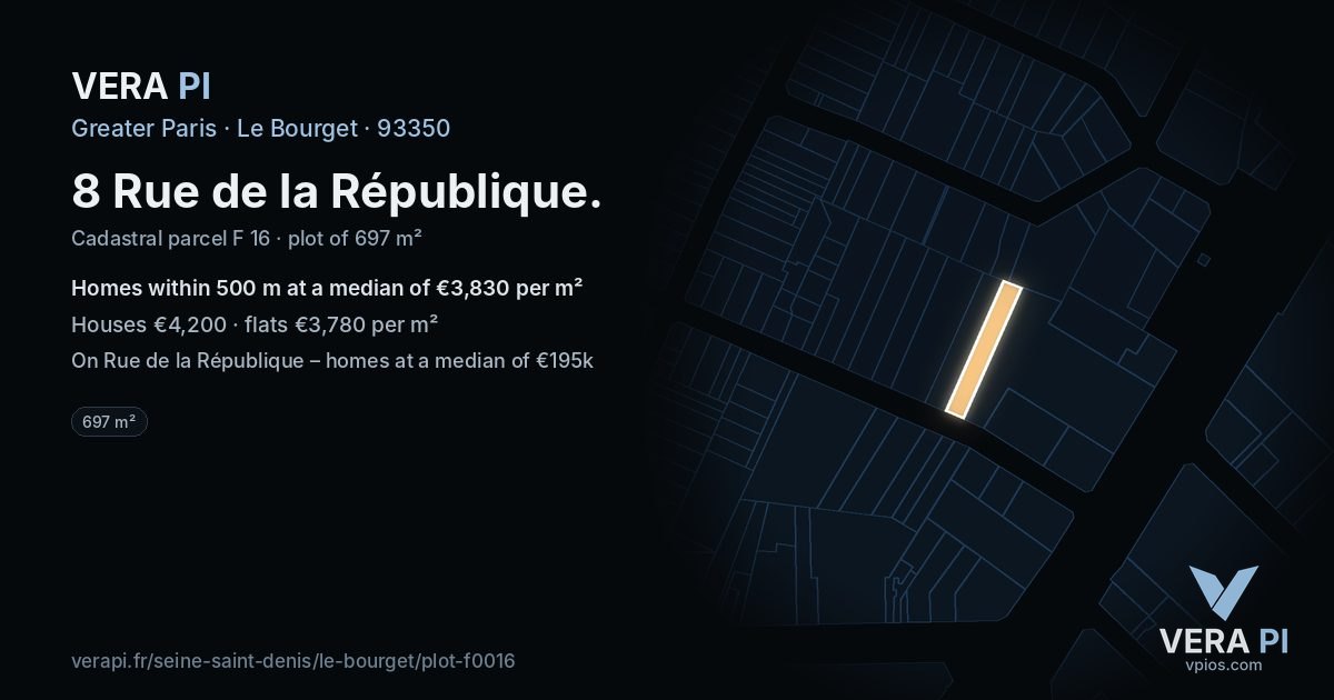 8 Rue de la République, Le Bourget at night – the plot lit, the parcels around coloured by the prices near them