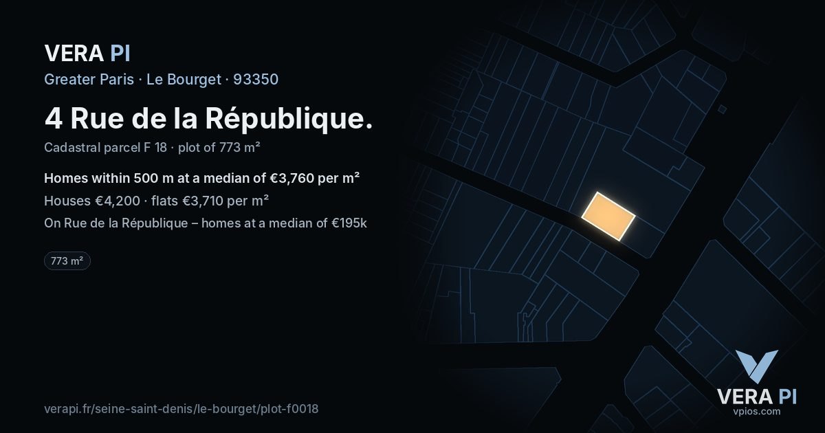 4 Rue de la République, Le Bourget at night – the plot lit, the parcels around coloured by the prices near them
