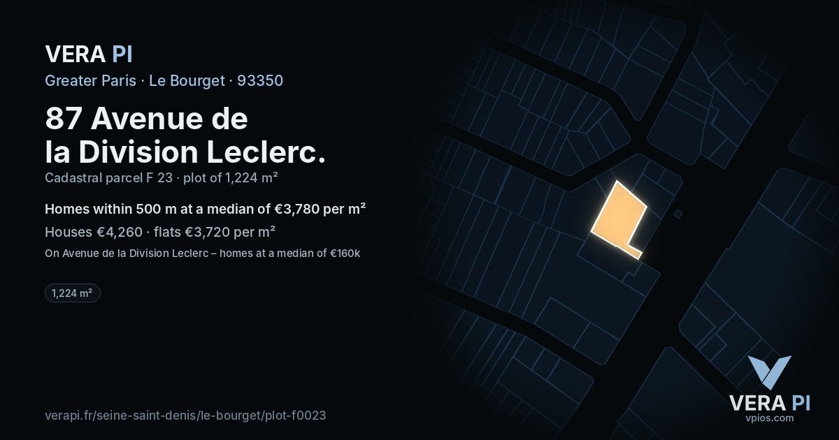 87 Avenue de la Division Leclerc, Le Bourget at night – the plot lit, the parcels around coloured by the prices near them