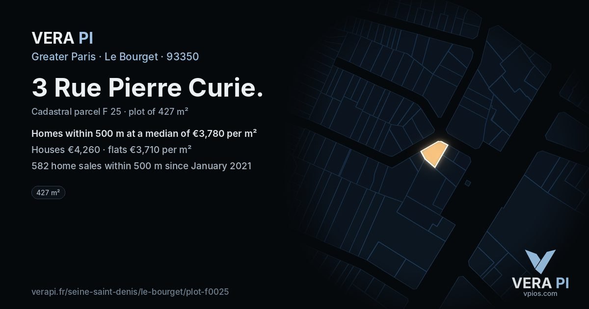3 Rue Pierre Curie, Le Bourget at night – the plot lit, the parcels around coloured by the prices near them