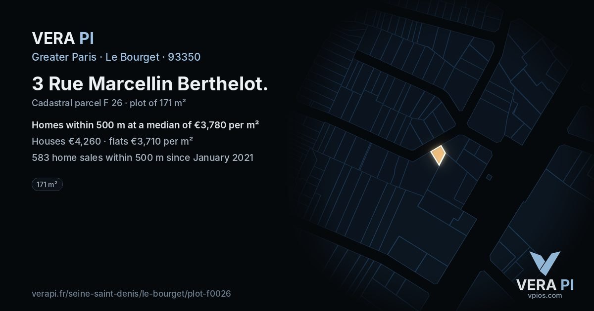 3 Rue Marcellin Berthelot, Le Bourget at night – the plot lit, the parcels around coloured by the prices near them