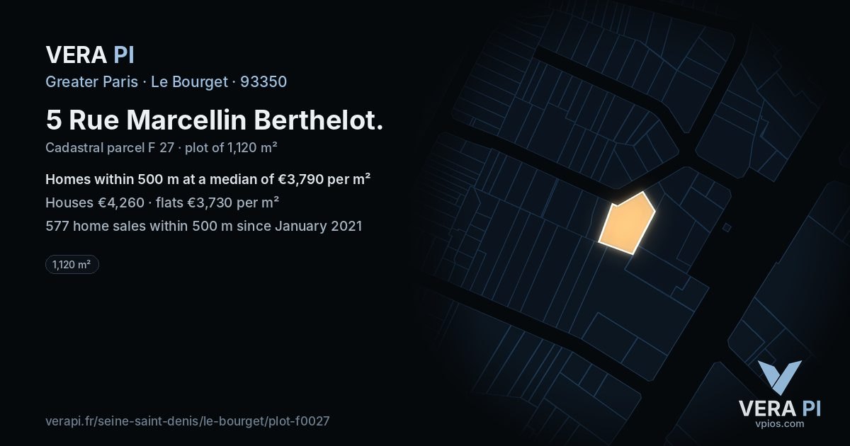 5 Rue Marcellin Berthelot, Le Bourget at night – the plot lit, the parcels around coloured by the prices near them