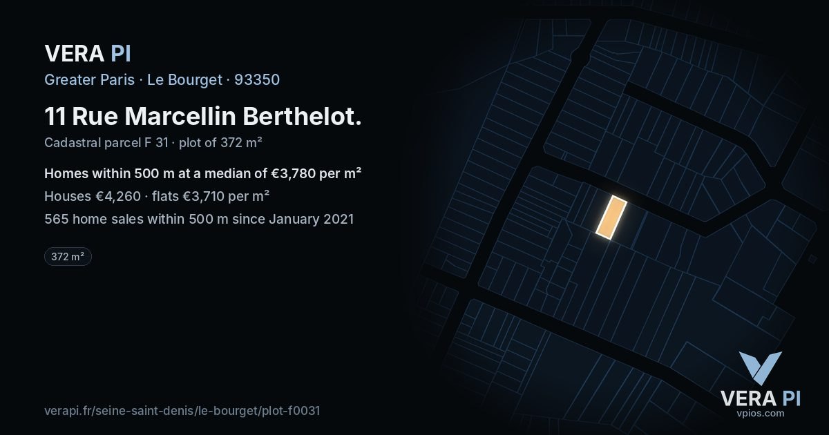 11 Rue Marcellin Berthelot, Le Bourget at night – the plot lit, the parcels around coloured by the prices near them