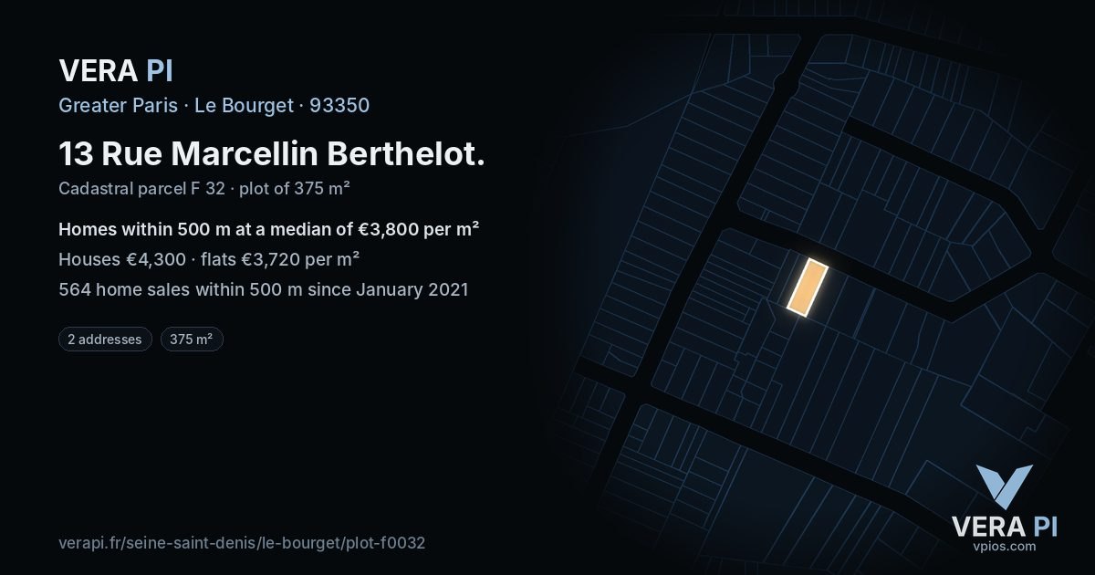 13 Rue Marcellin Berthelot, Le Bourget at night – the plot lit, the parcels around coloured by the prices near them