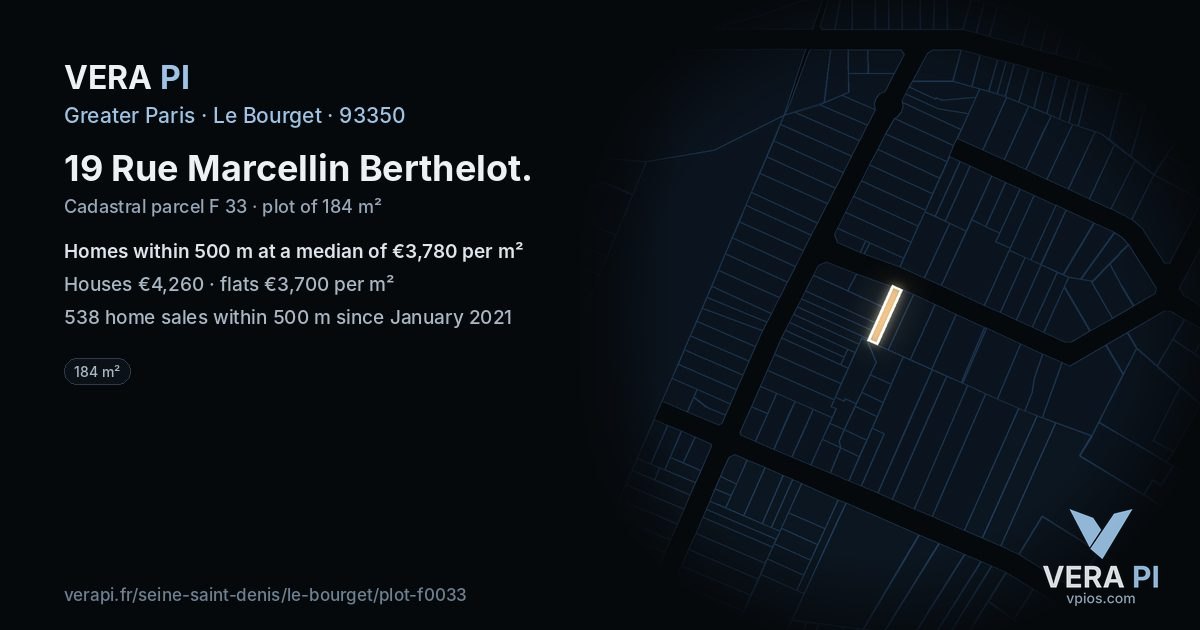 19 Rue Marcellin Berthelot, Le Bourget at night – the plot lit, the parcels around coloured by the prices near them