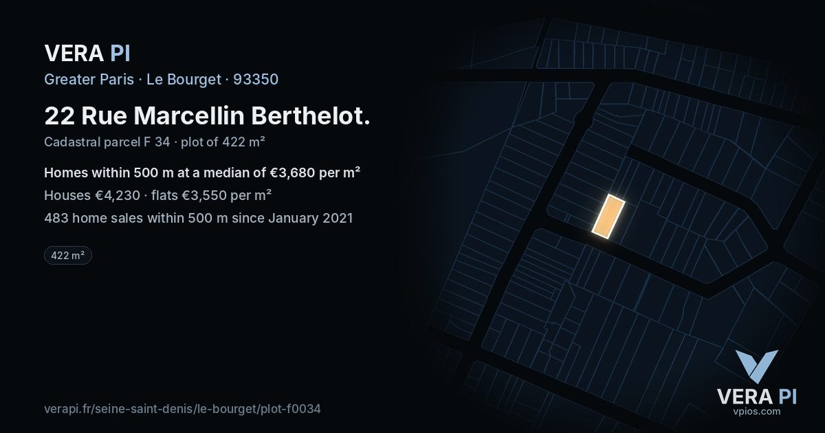 22 Rue Marcellin Berthelot, Le Bourget at night – the plot lit, the parcels around coloured by the prices near them