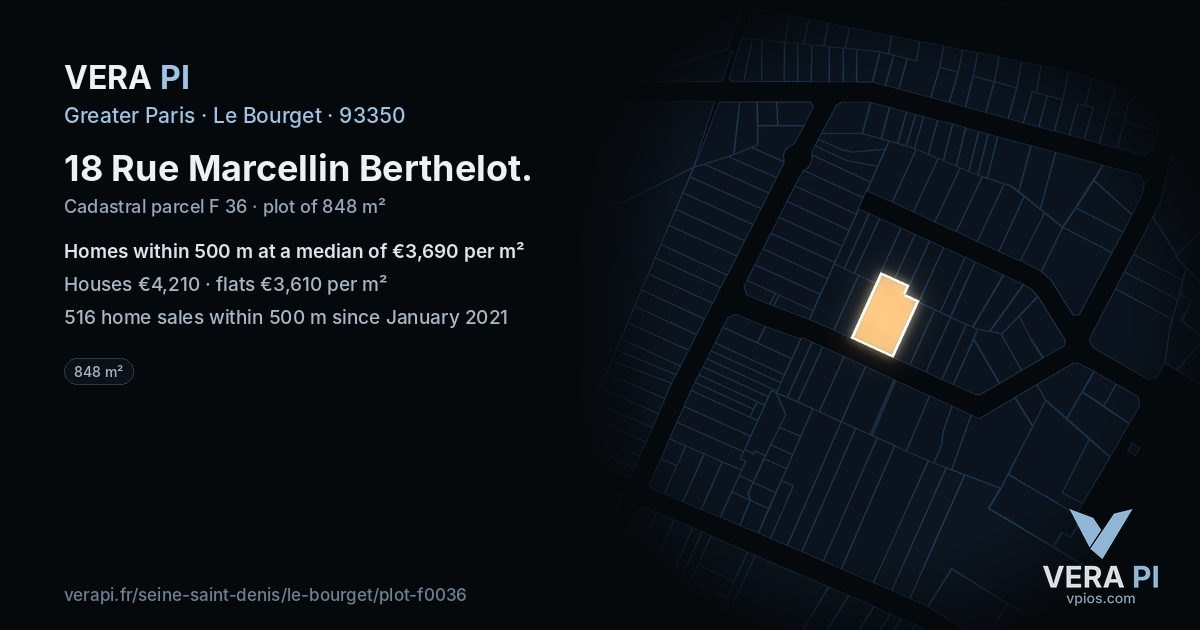 18 Rue Marcellin Berthelot, Le Bourget at night – the plot lit, the parcels around coloured by the prices near them