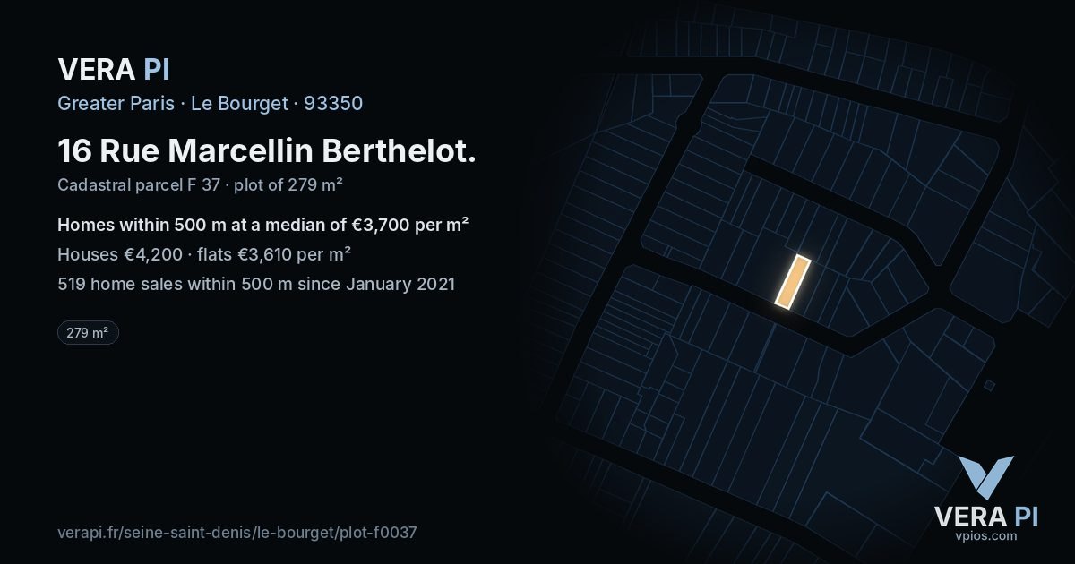 16 Rue Marcellin Berthelot, Le Bourget at night – the plot lit, the parcels around coloured by the prices near them
