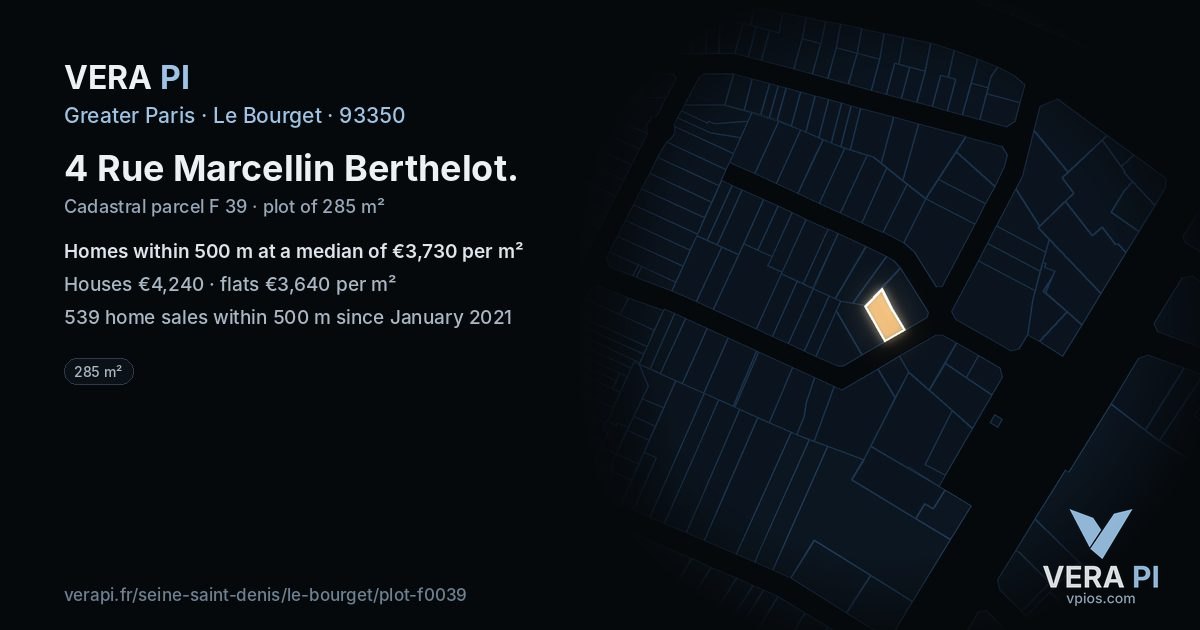 4 Rue Marcellin Berthelot, Le Bourget at night – the plot lit, the parcels around coloured by the prices near them