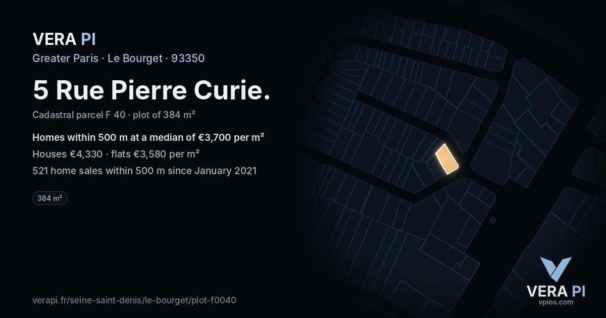 5 Rue Pierre Curie, Le Bourget at night – the plot lit, the parcels around coloured by the prices near them