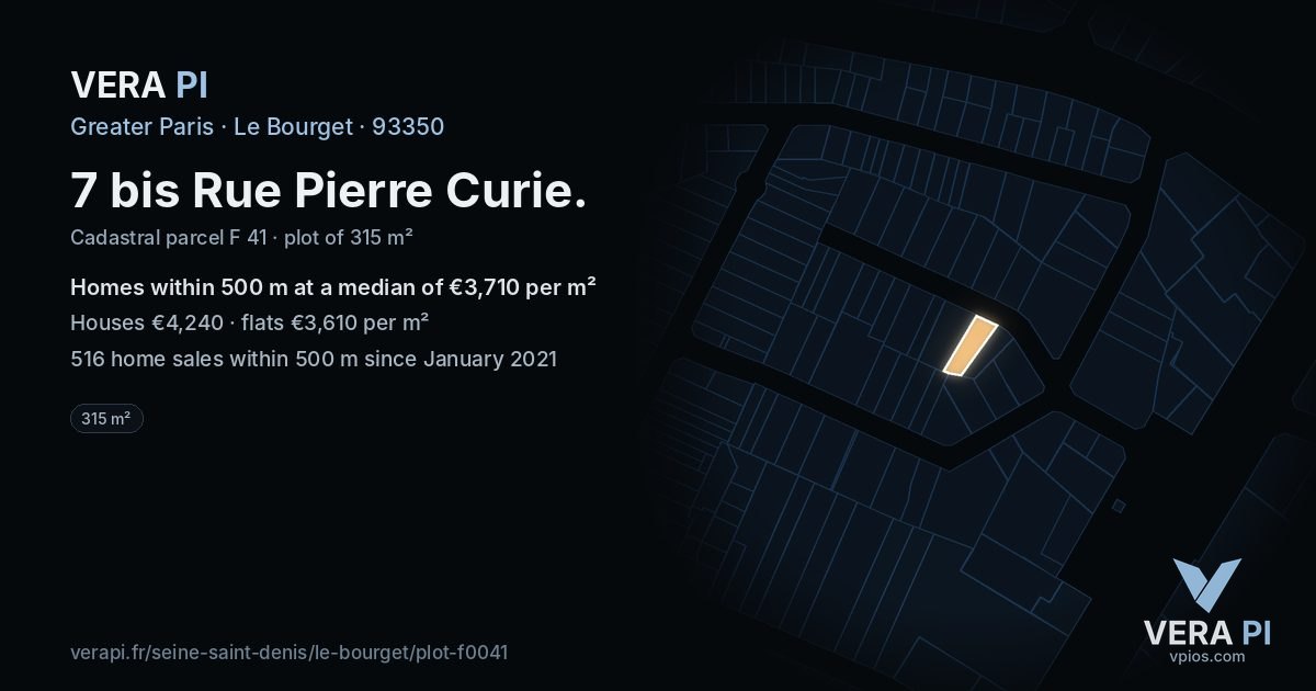 7 bis Rue Pierre Curie, Le Bourget at night – the plot lit, the parcels around coloured by the prices near them
