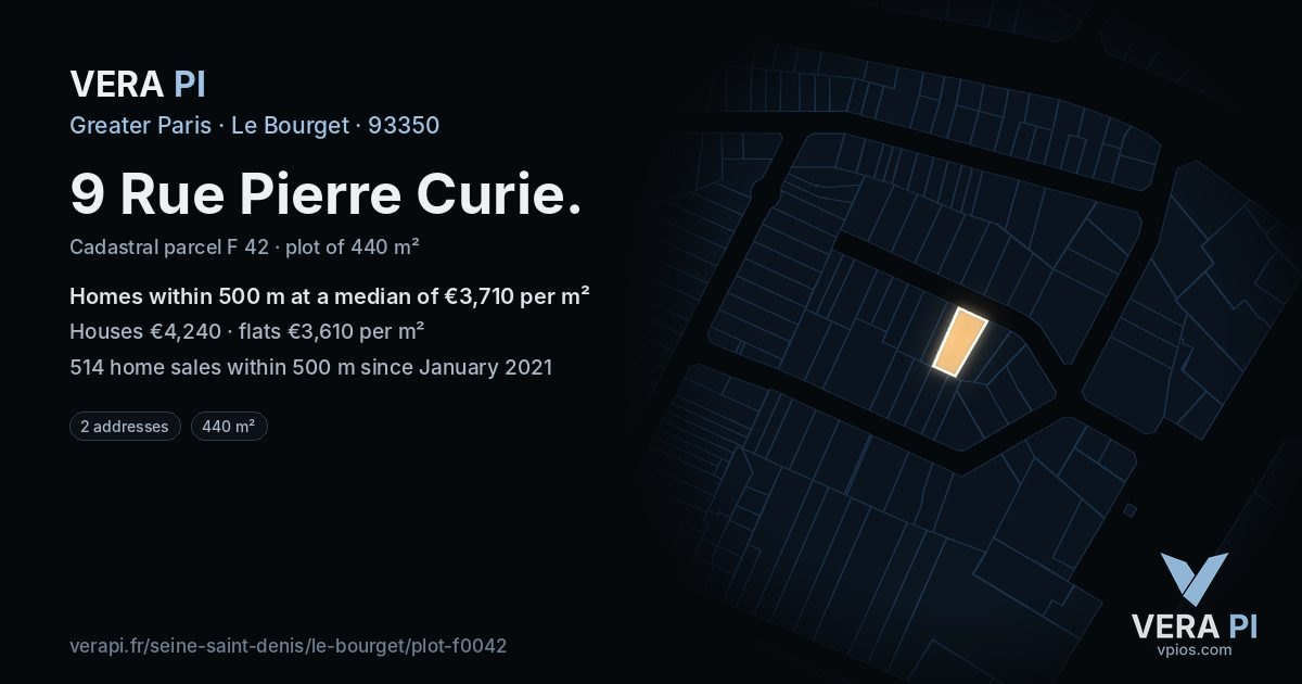 9 Rue Pierre Curie, Le Bourget at night – the plot lit, the parcels around coloured by the prices near them