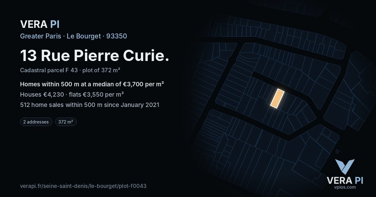 13 Rue Pierre Curie, Le Bourget at night – the plot lit, the parcels around coloured by the prices near them