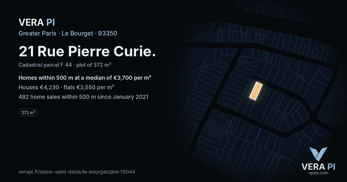 21 Rue Pierre Curie, Le Bourget at night – the plot lit, the parcels around coloured by the prices near them