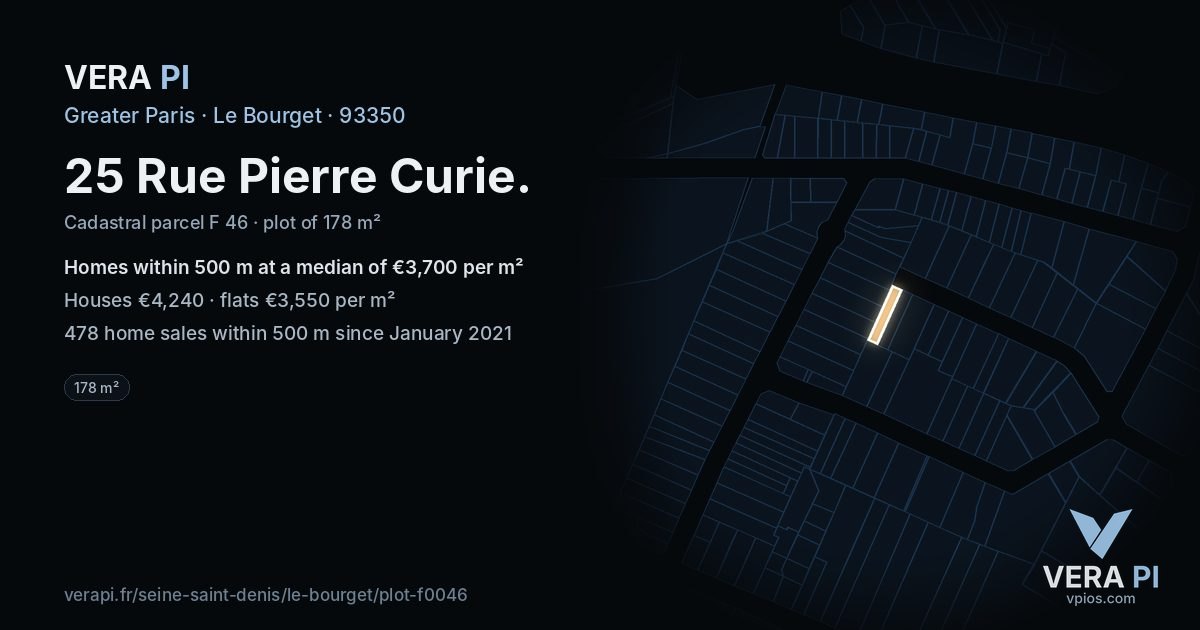 25 Rue Pierre Curie, Le Bourget at night – the plot lit, the parcels around coloured by the prices near them