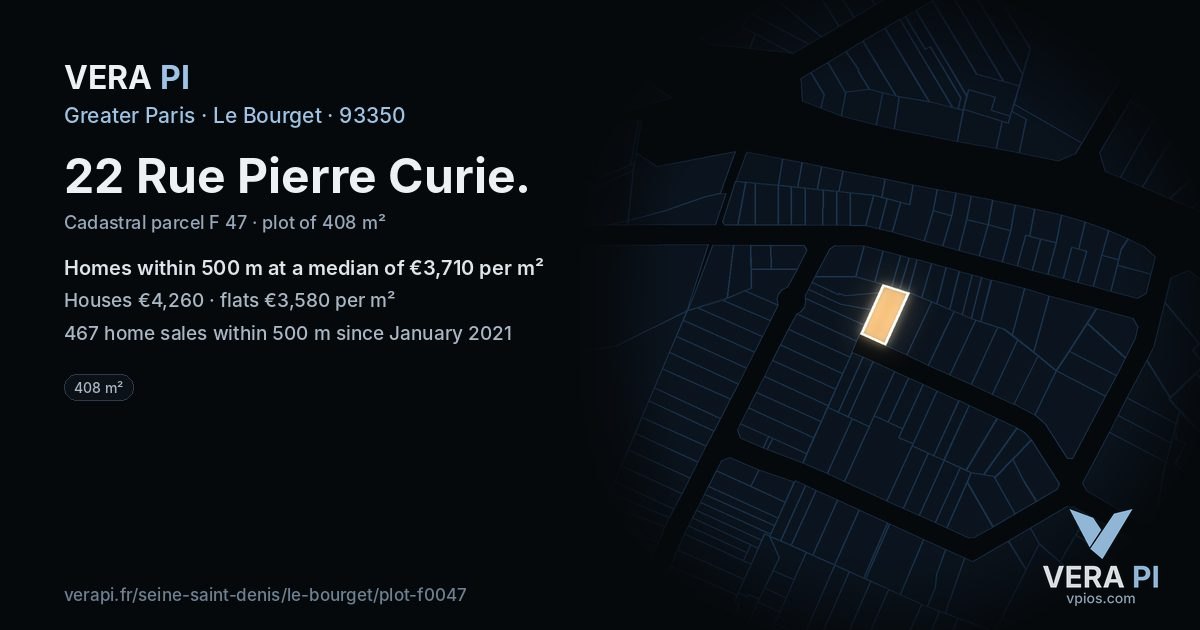 22 Rue Pierre Curie, Le Bourget at night – the plot lit, the parcels around coloured by the prices near them