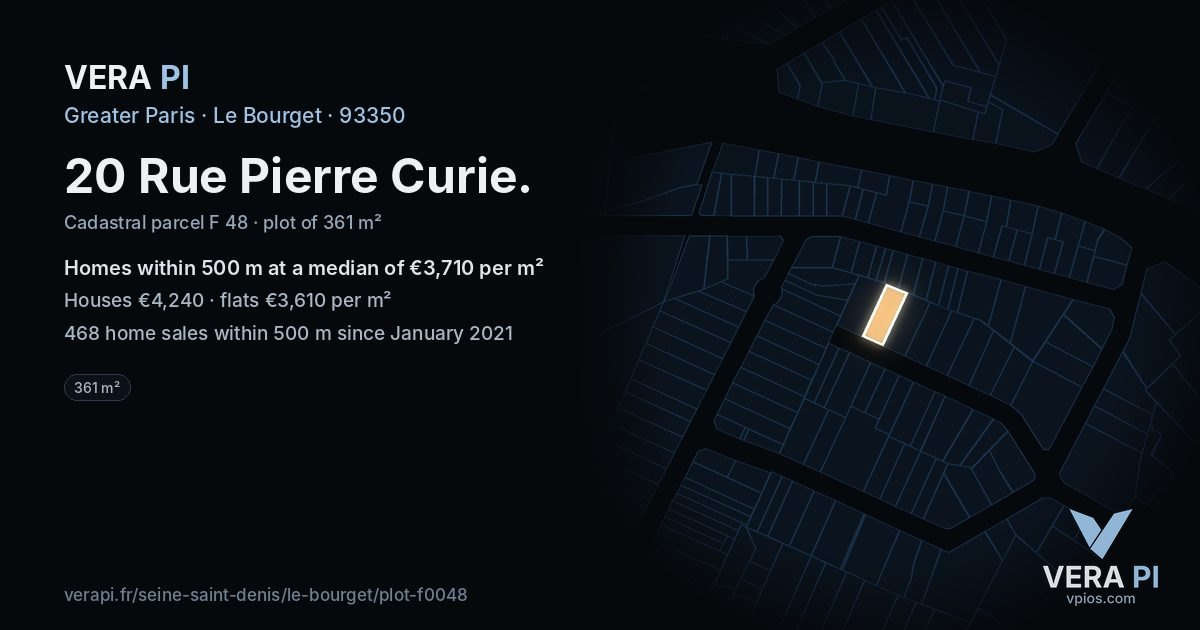 20 Rue Pierre Curie, Le Bourget at night – the plot lit, the parcels around coloured by the prices near them