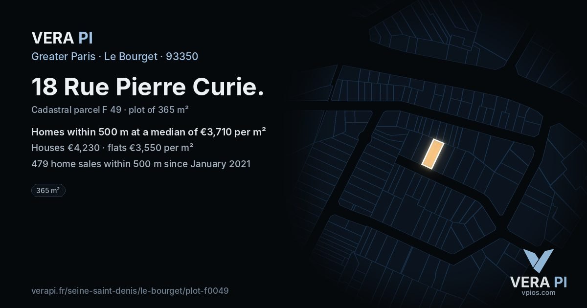 18 Rue Pierre Curie, Le Bourget at night – the plot lit, the parcels around coloured by the prices near them