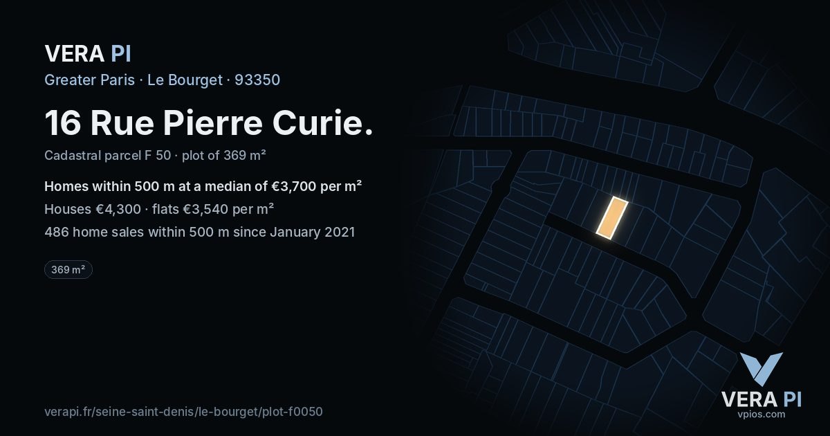 16 Rue Pierre Curie, Le Bourget at night – the plot lit, the parcels around coloured by the prices near them