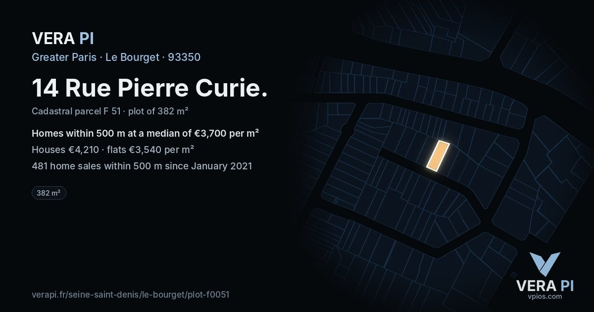 14 Rue Pierre Curie, Le Bourget at night – the plot lit, the parcels around coloured by the prices near them