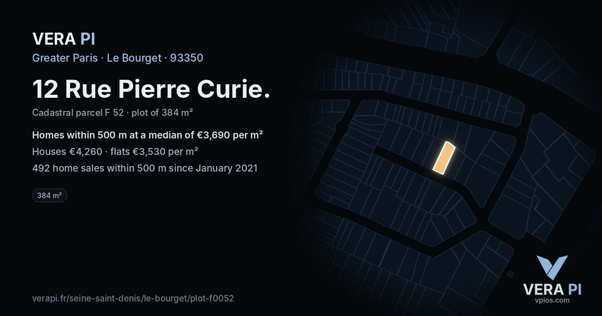 12 Rue Pierre Curie, Le Bourget at night – the plot lit, the parcels around coloured by the prices near them