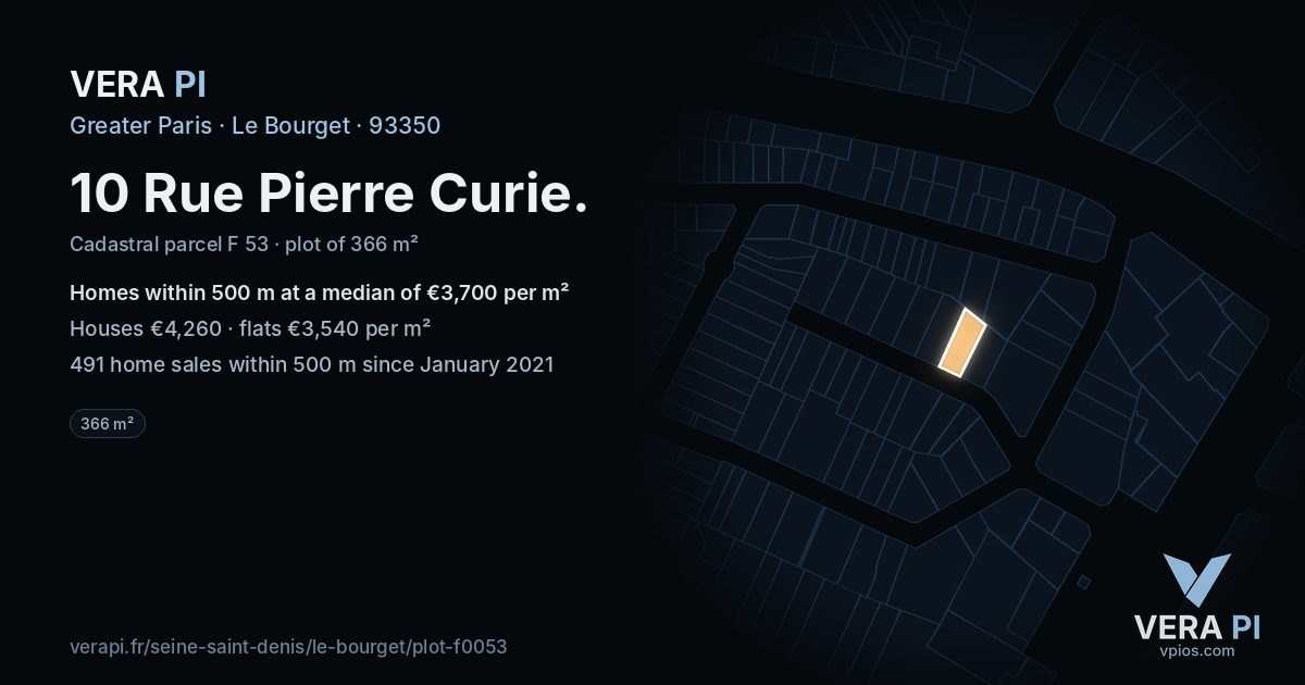 10 Rue Pierre Curie, Le Bourget at night – the plot lit, the parcels around coloured by the prices near them