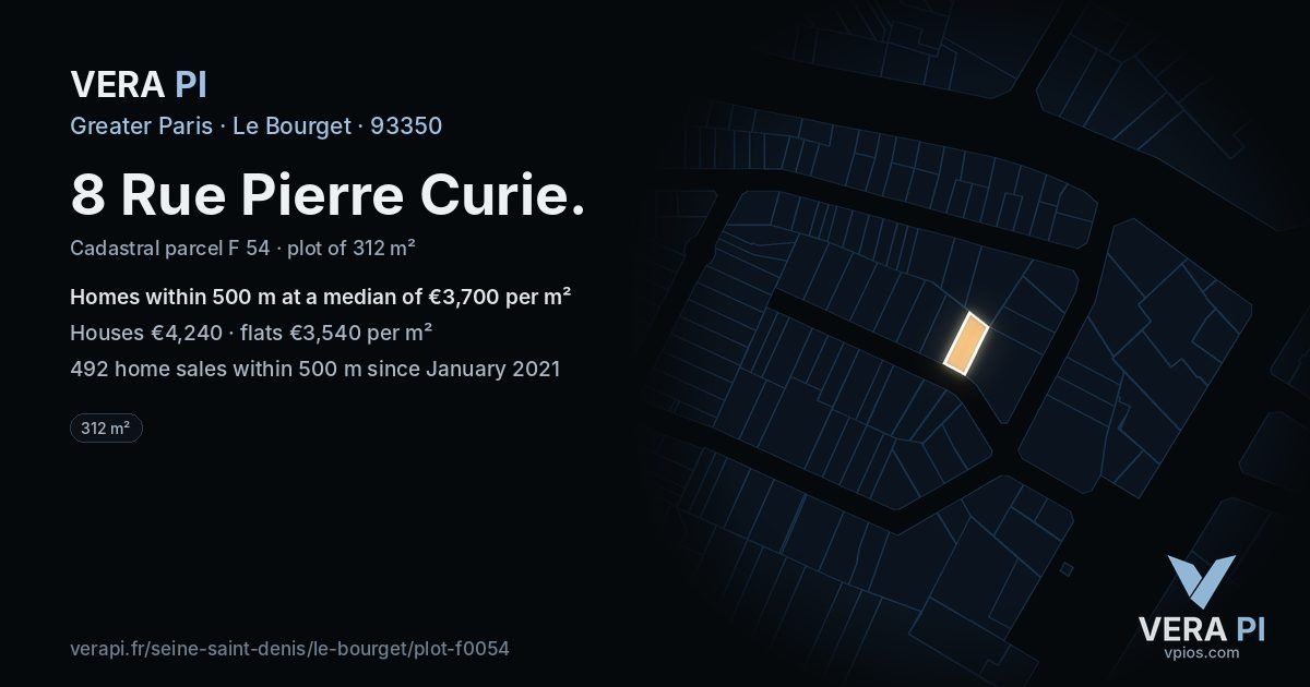 8 Rue Pierre Curie, Le Bourget at night – the plot lit, the parcels around coloured by the prices near them