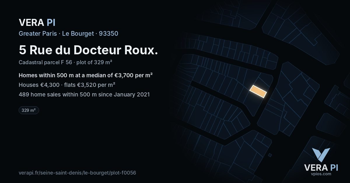 5 Rue du Docteur Roux, Le Bourget at night – the plot lit, the parcels around coloured by the prices near them