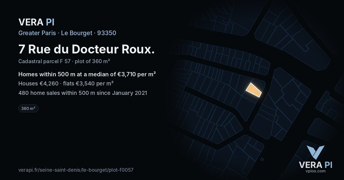 7 Rue du Docteur Roux, Le Bourget at night – the plot lit, the parcels around coloured by the prices near them