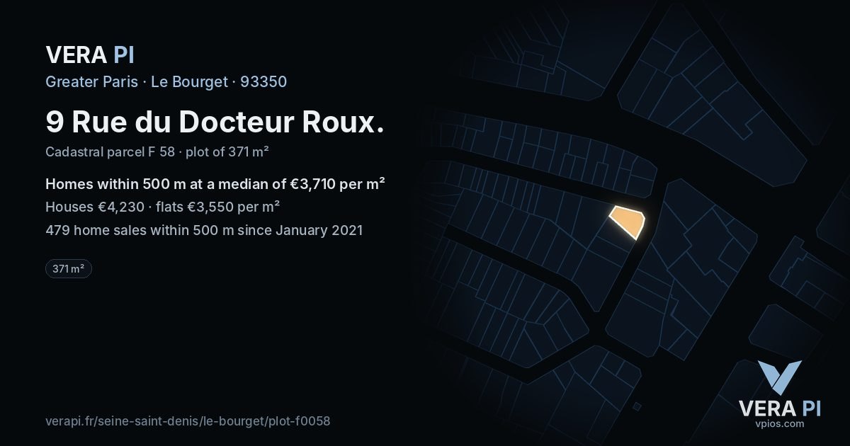 9 Rue du Docteur Roux, Le Bourget at night – the plot lit, the parcels around coloured by the prices near them