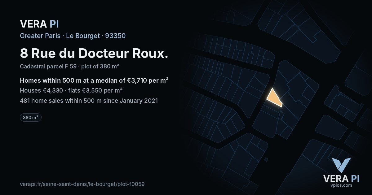 8 Rue du Docteur Roux, Le Bourget at night – the plot lit, the parcels around coloured by the prices near them