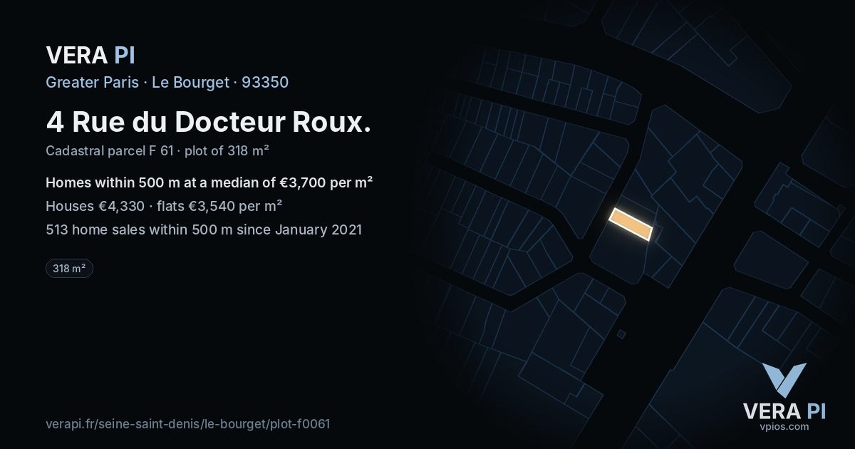 4 Rue du Docteur Roux, Le Bourget at night – the plot lit, the parcels around coloured by the prices near them