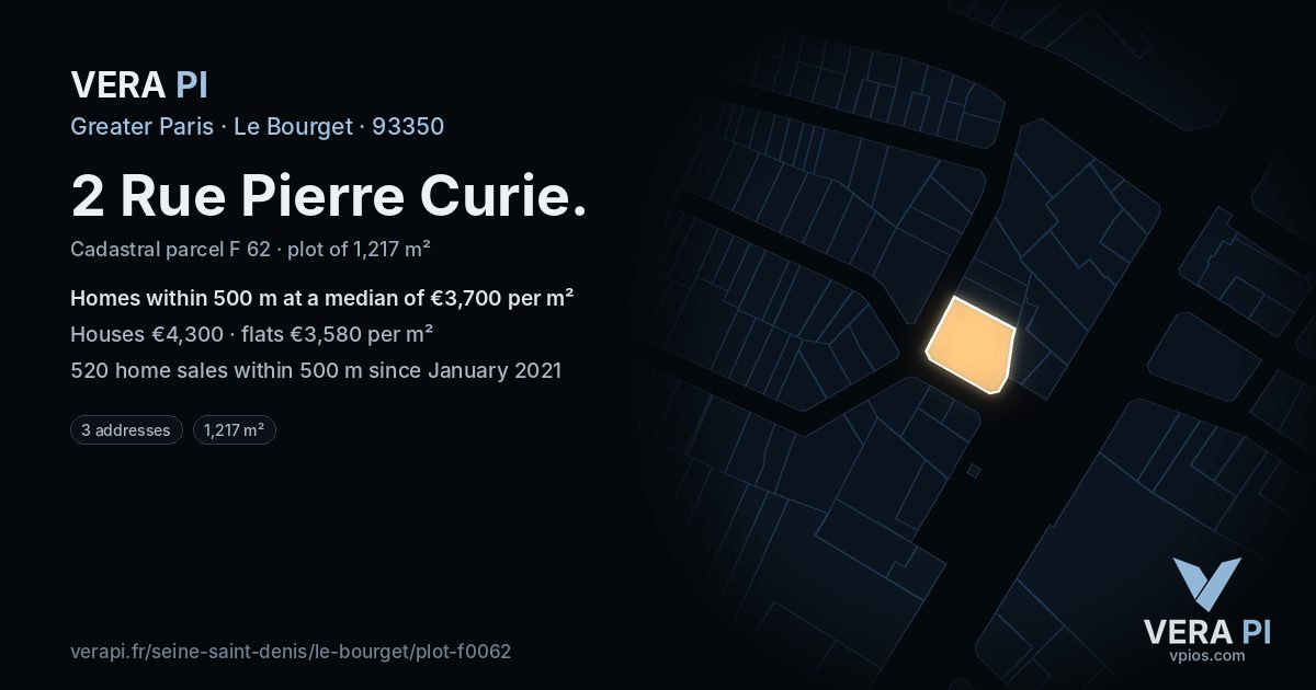 2 Rue Pierre Curie, Le Bourget at night – the plot lit, the parcels around coloured by the prices near them