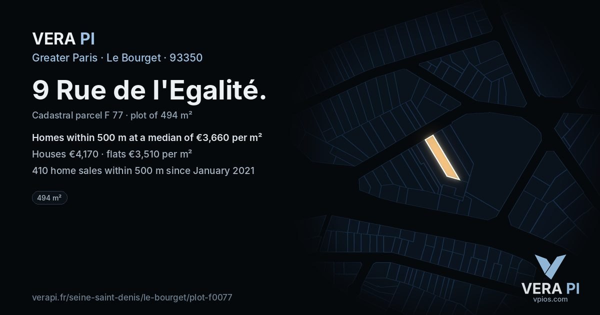9 Rue de l'Egalité, Le Bourget at night – the plot lit, the parcels around coloured by the prices near them