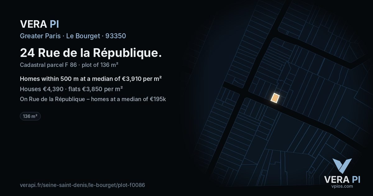 24 Rue de la République, Le Bourget at night – the plot lit, the parcels around coloured by the prices near them