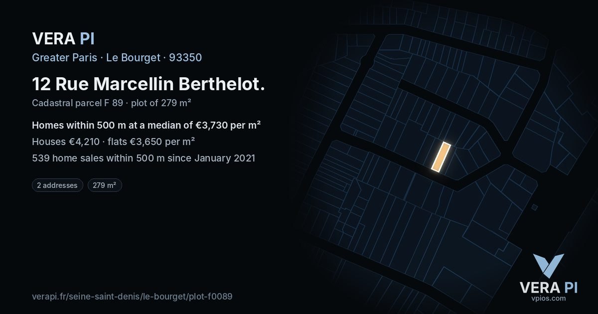 12 Rue Marcellin Berthelot, Le Bourget at night – the plot lit, the parcels around coloured by the prices near them