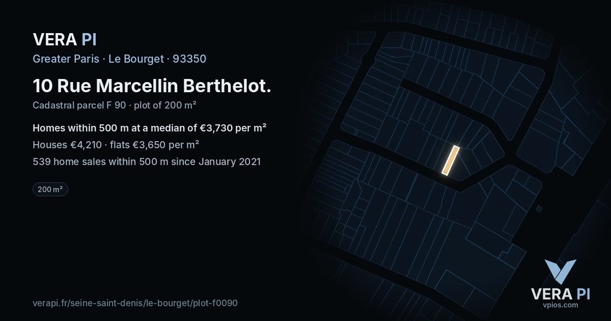 10 Rue Marcellin Berthelot, Le Bourget at night – the plot lit, the parcels around coloured by the prices near them
