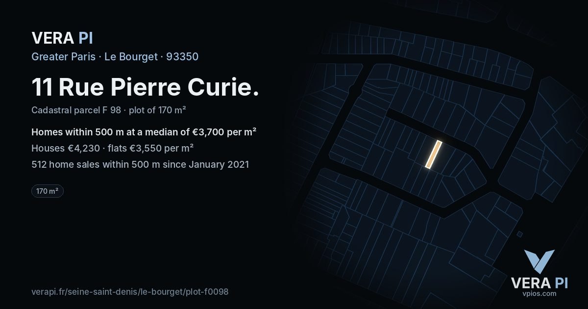 11 Rue Pierre Curie, Le Bourget at night – the plot lit, the parcels around coloured by the prices near them