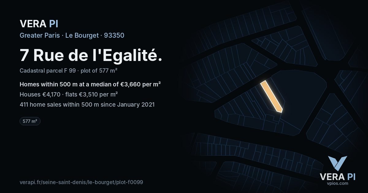7 Rue de l'Egalité, Le Bourget at night – the plot lit, the parcels around coloured by the prices near them