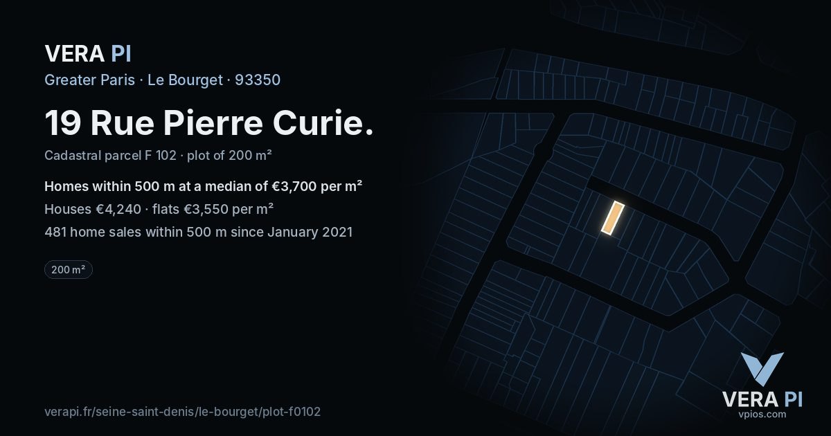 19 Rue Pierre Curie, Le Bourget at night – the plot lit, the parcels around coloured by the prices near them